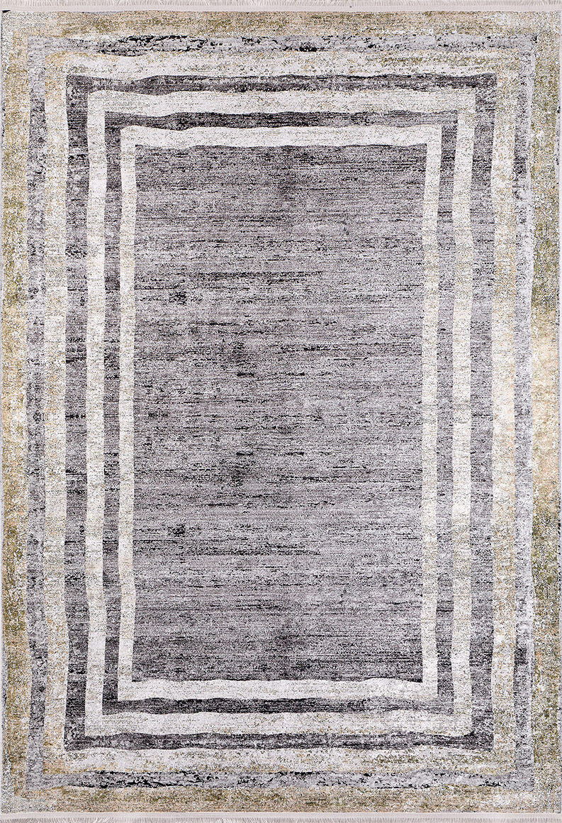 The Sophisticated Trellis - Washable Rug - JR1194 features a rectangular flat weave with a textured gray center and layered white and beige borders; it's durable, ideal for high-traffic areas, and available in custom sizes.