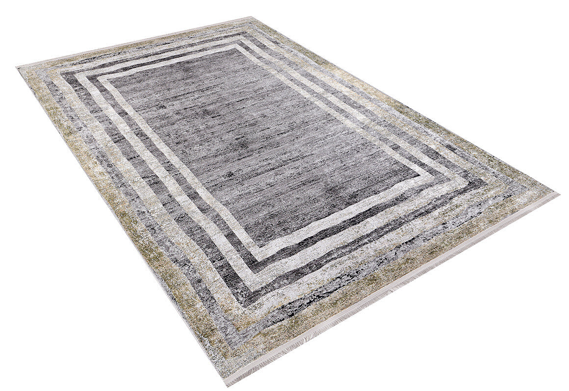 The Sophisticated Trellis - Washable Rug - JR1194 (Custom Size) features a textured gray surface with layered borders in gray, white, and beige. Durable and stylish, it's ideal for high-traffic areas. Shown on a white background.