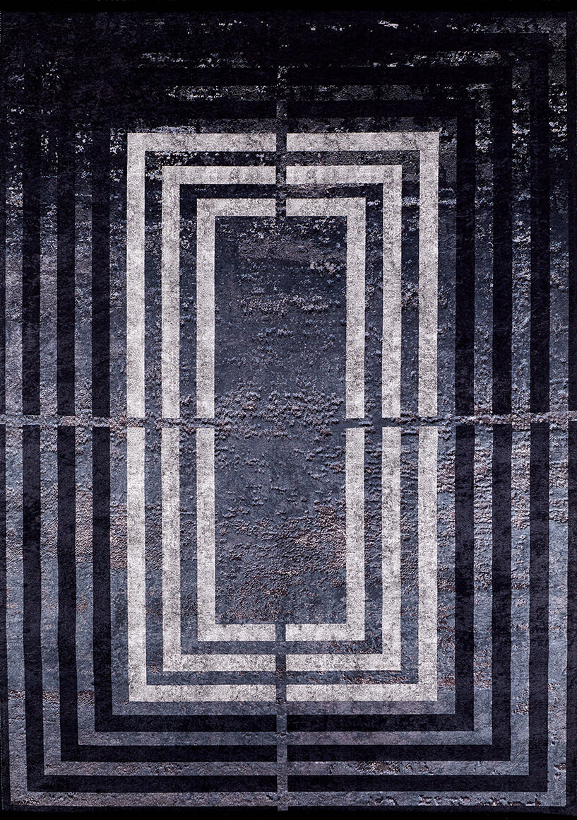 The “Sophisticated and Chic - Washable Rug - JR1409 (Custom Size)” features abstract geometric concentric rectangles in gray and black on a textured background, creating a stylish, layered look with striking depth.