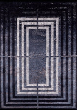 The “Sophisticated and Chic - Washable Rug - JR1409 (Custom Size)” features abstract geometric concentric rectangles in gray and black on a textured background, creating a stylish, layered look with striking depth.