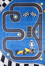 The Speedway Sprouts - Machine-Washable Rug JRC068 (Custom Size) features a blue play mat with a racetrack, yellow race car, checkered flags, gas pump, starting lines, and traffic light—ideal for high-traffic areas and easy to clean.