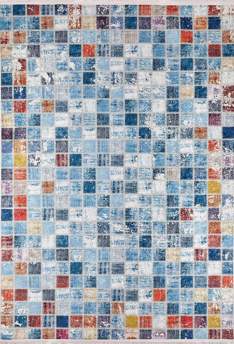 The Square Serenity - Washable Rug - JR1255 (Custom Size) features a textured, distressed grid of small blue, orange, red, yellow, gray, and white squares—its modern geometric look is perfect for high-traffic areas.