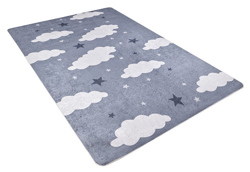 Load image 1 in gallery view. The Starry Cloudscape - Machine-Washable Rug JRC045 (Custom Size) features a blue-gray background with white clouds and dark blue stars in various sizes, shown at an angle on a white surface.