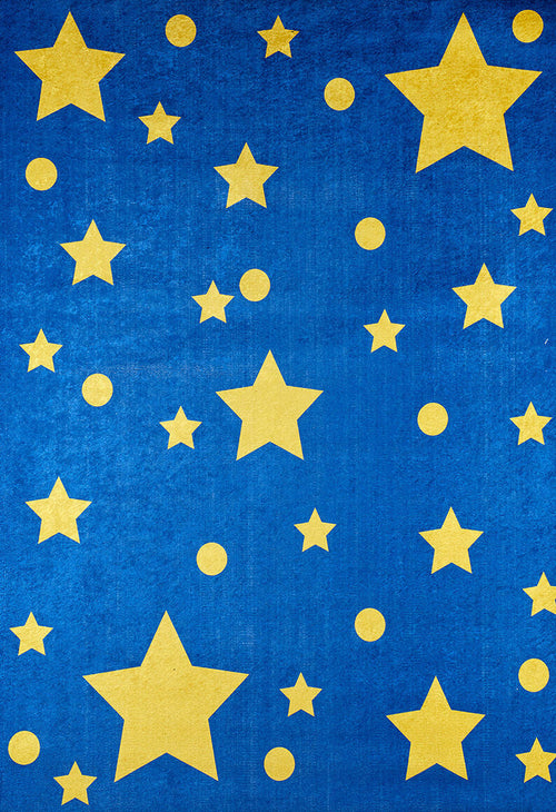 Load image 1 in gallery view. Starry Dreams - Machine-Washable Rug JRC004 (Custom Size) features yellow stars and circles on a textured, bright blue flat weave, blending playful style with practical washable convenience for any space.