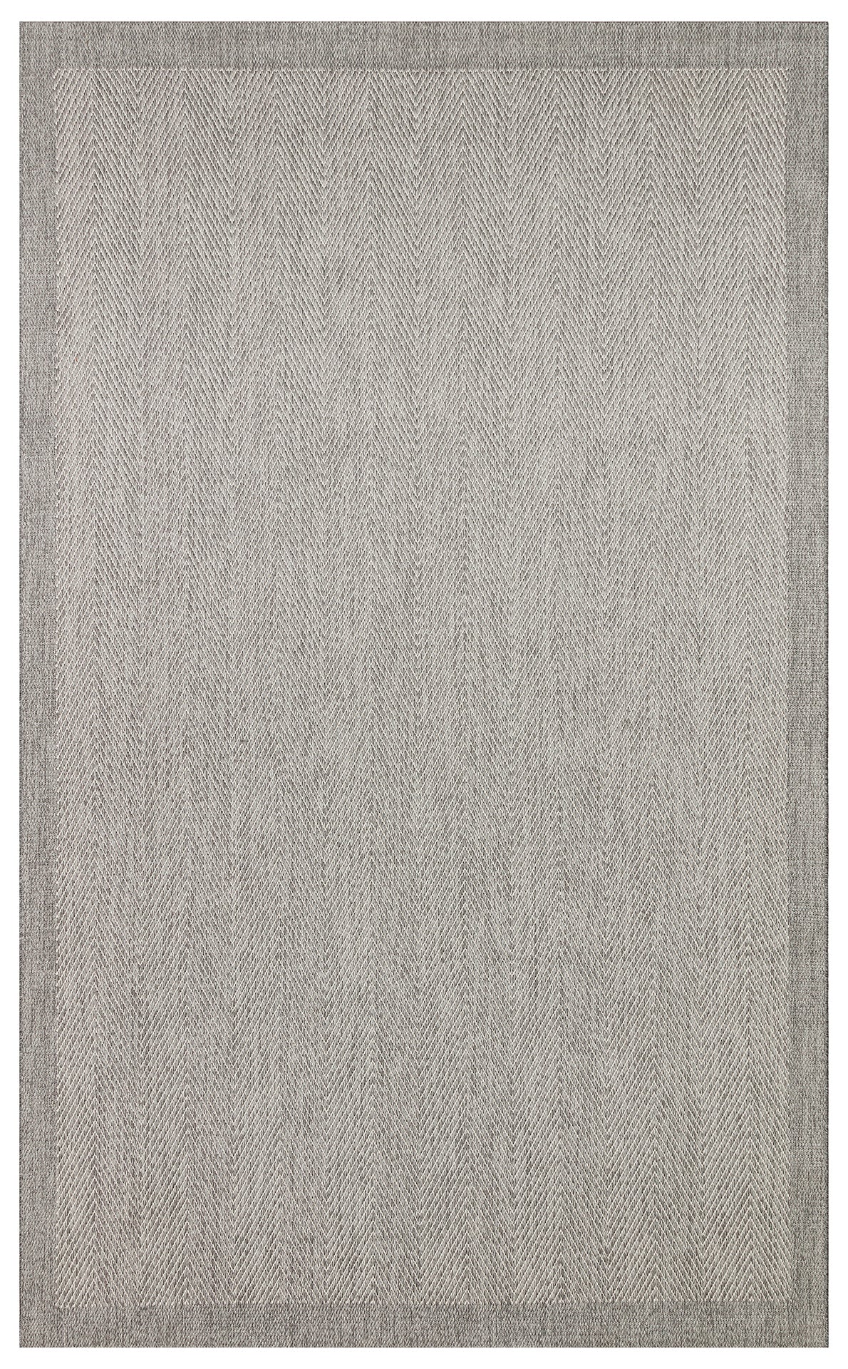 The Storm Weave - Kilim - MNO02 is a flatwoven polyester area rug featuring a subtle light gray herringbone pattern and a darker gray border, ideal for modern minimalist spaces.