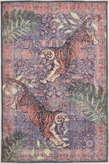 The Stormstripe Echo - Washable Rug - JR0046 showcases two orange tigers facing each other on a blue background, framed by leafy green plants, making it a bold and contemporary geometric rug for any space.