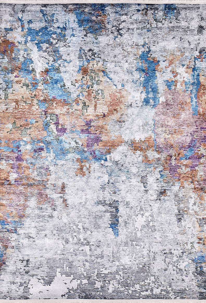 The Striking Statements - Washable Rug - JR786 (Custom Size) features a distressed painterly pattern with blue, brown, grey, and purple accents on light grey—perfect as a stylish multicolor rug for any space.