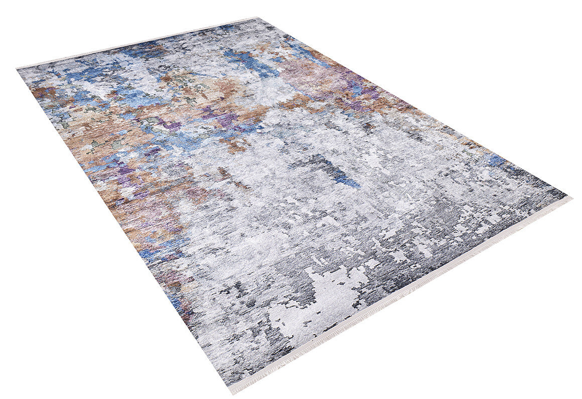 The Striking Statements - Washable Rug - JR786 (Custom Size) is a rectangular, multicolor flat weave rug featuring an abstract, weathered pattern in gray, blue, brown, and purple tones. Modern and durable, it's displayed on a white background.