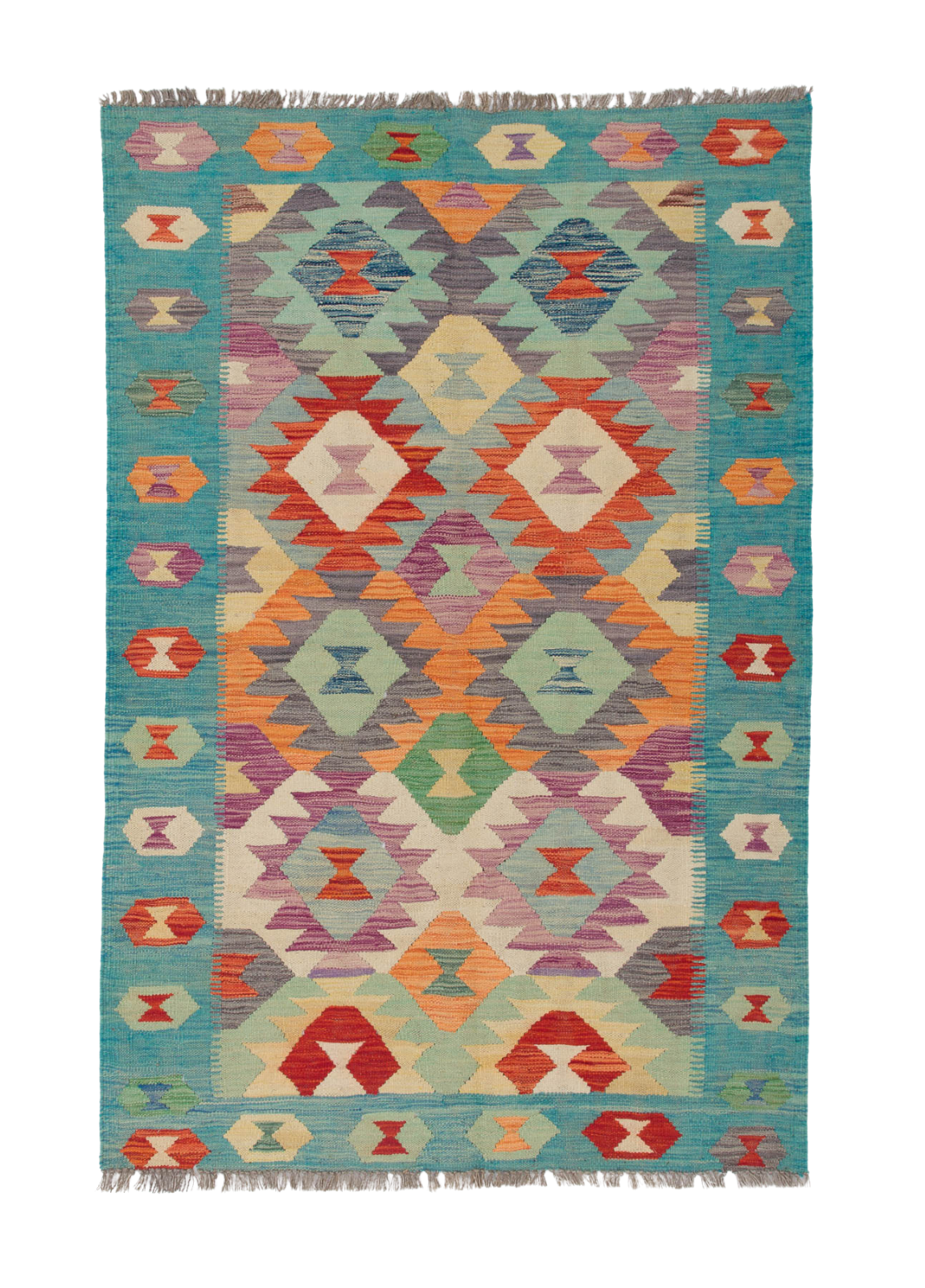 The Striped Elegance - Handwoven Kilim is a rectangular wool rug with colorful geometric patterns in red, orange, purple, blue, green, and cream. It features a teal border with diamond and hexagon shapes and has flatweave construction with fringed edges.