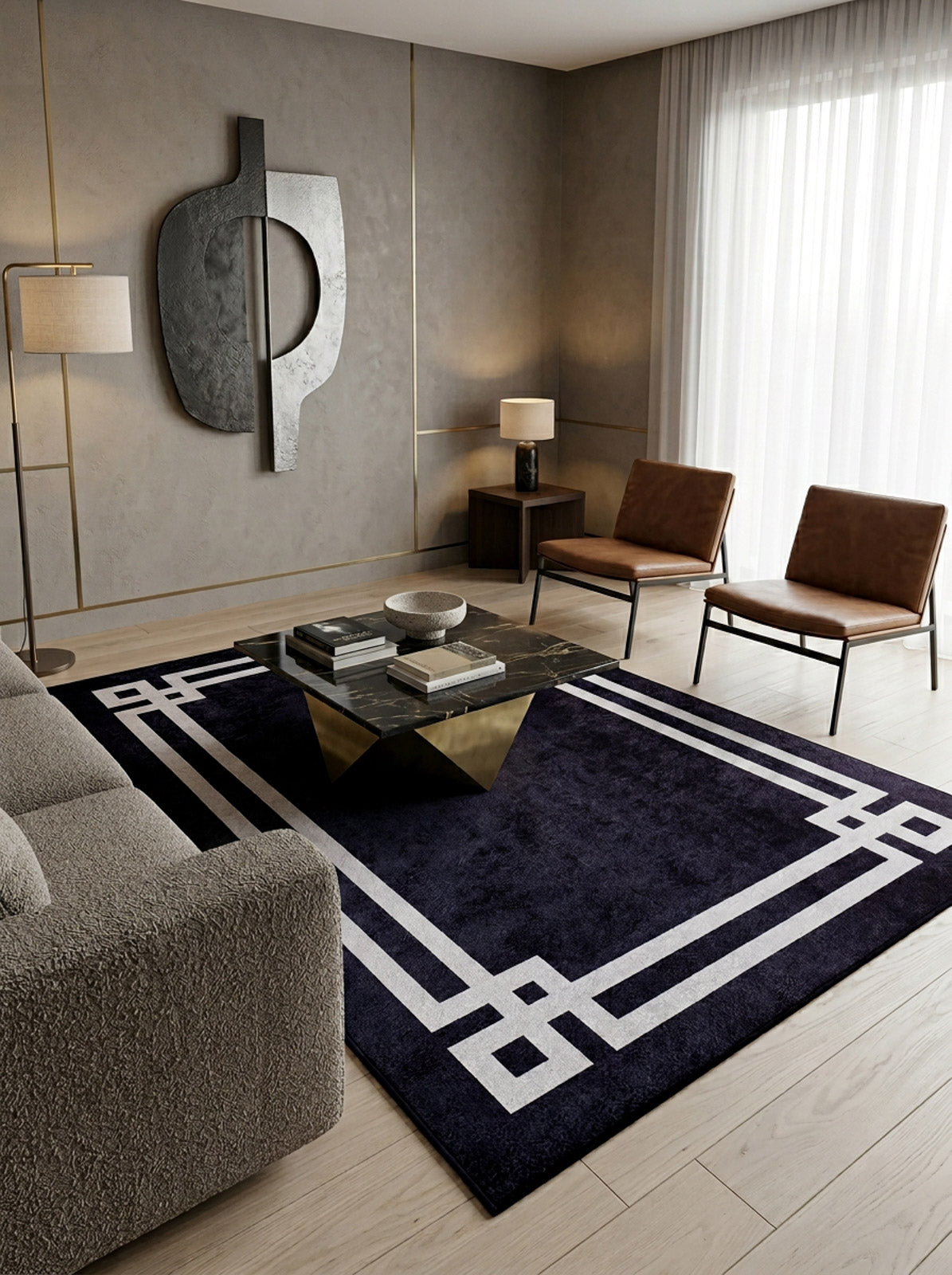 A modern living room featuring a gray textured sofa, two brown leather chairs, the Subtle Border - Washable Rug - JR597 (Custom Size), a glass-top coffee table, abstract wall art, floor and table lamps, and sheer curtains on large windows.