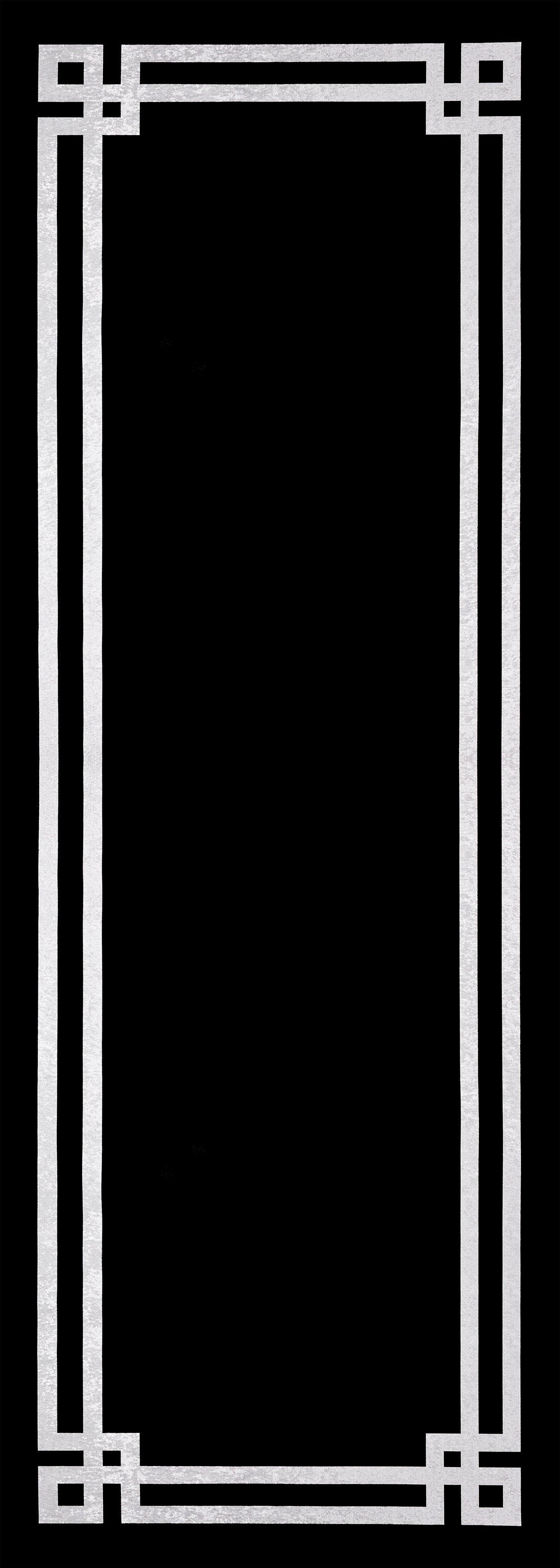 The Subtle Border - Washable Rug - JR597 features a rectangular white geometric border with angular corners on a black background, offering minimalist style and easy cleaning—perfect for high-traffic areas.