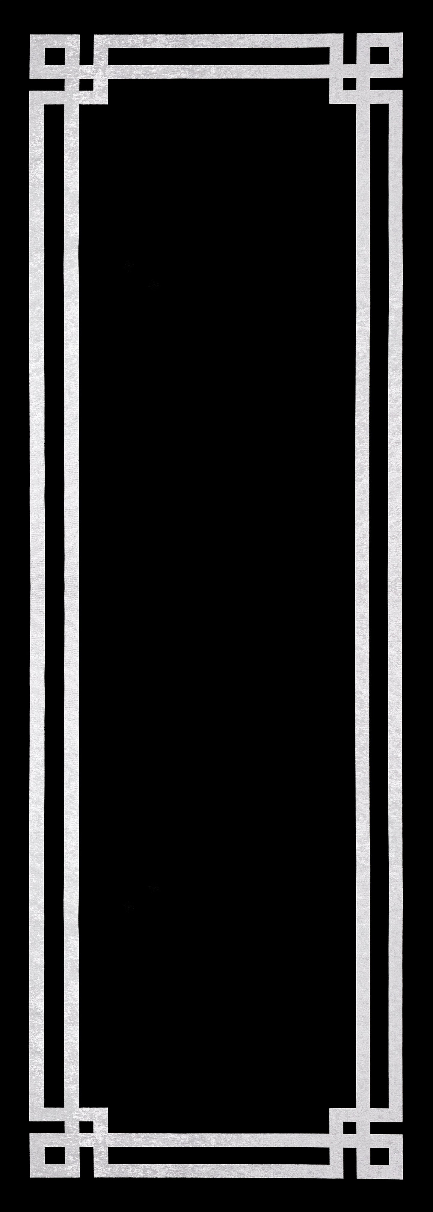 The Subtle Border - Washable Rug - JR597 features a rectangular white geometric border with angular corners on a black background, offering minimalist style and easy cleaning—perfect for high-traffic areas.