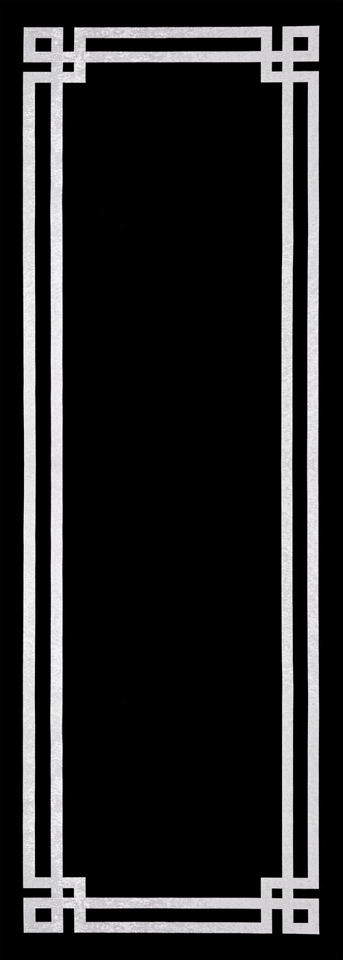 Load image 1 in gallery view. The Subtle Border - Washable Rug - JR597 features a rectangular white geometric border with angular corners on a black background, offering minimalist style and easy cleaning—perfect for high-traffic areas.