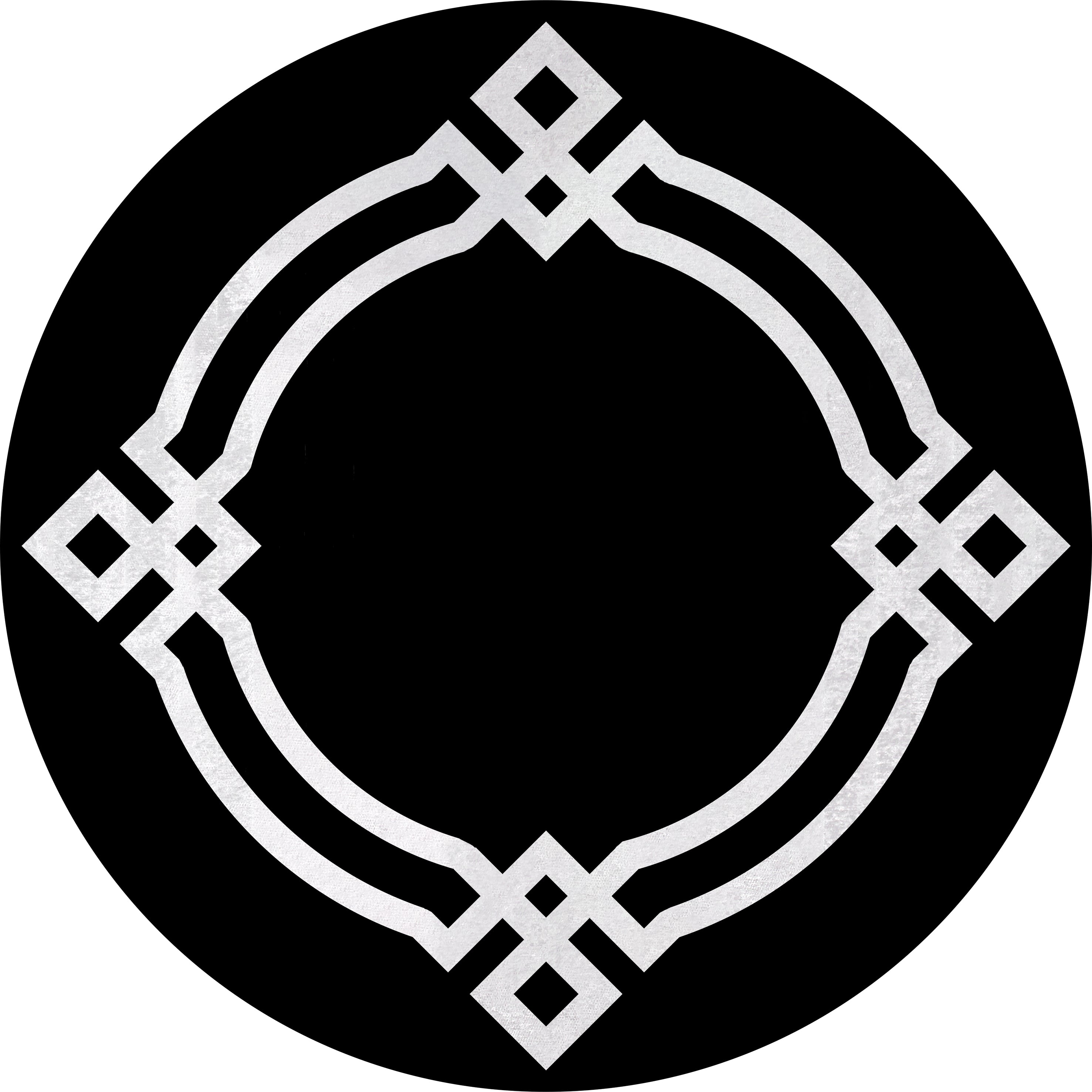 The Subtle Border - Washable Rug - JR597 is a symmetrical black circular rug with a silver geometric border of interlocking diamonds and curves, creating an ornate empty center. Ideal for high-traffic areas and easy to clean.