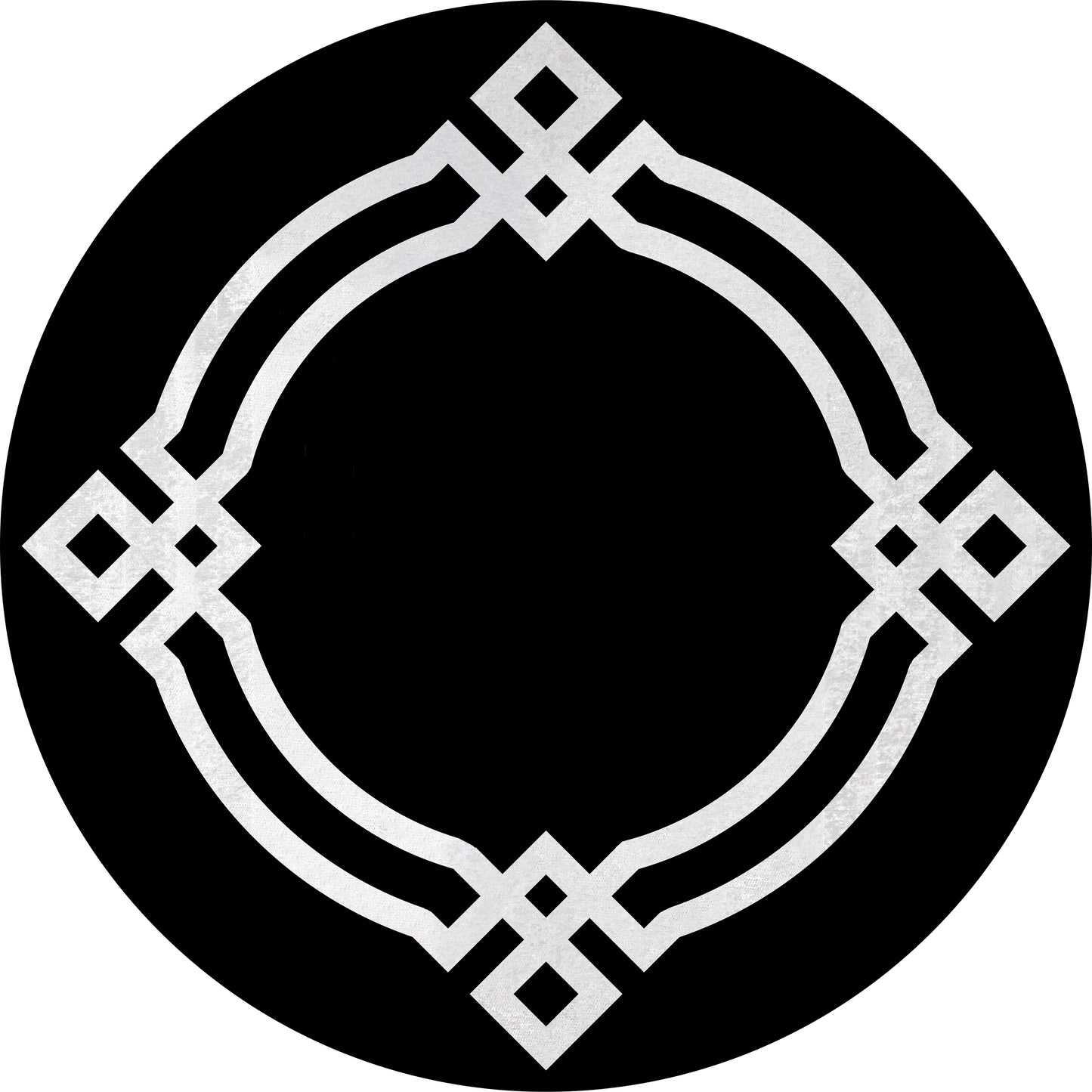 The Subtle Border - Washable Rug - JR597 is a symmetrical black circular rug with a silver geometric border of interlocking diamonds and curves, creating an ornate empty center. Ideal for high-traffic areas and easy to clean.