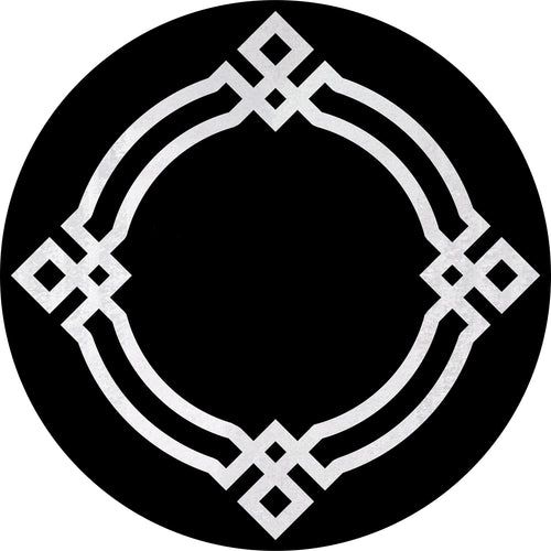 Load image 1 in gallery view. The Subtle Border - Washable Rug - JR597 is a symmetrical black circular rug with a silver geometric border of interlocking diamonds and curves, creating an ornate empty center. Ideal for high-traffic areas and easy to clean.