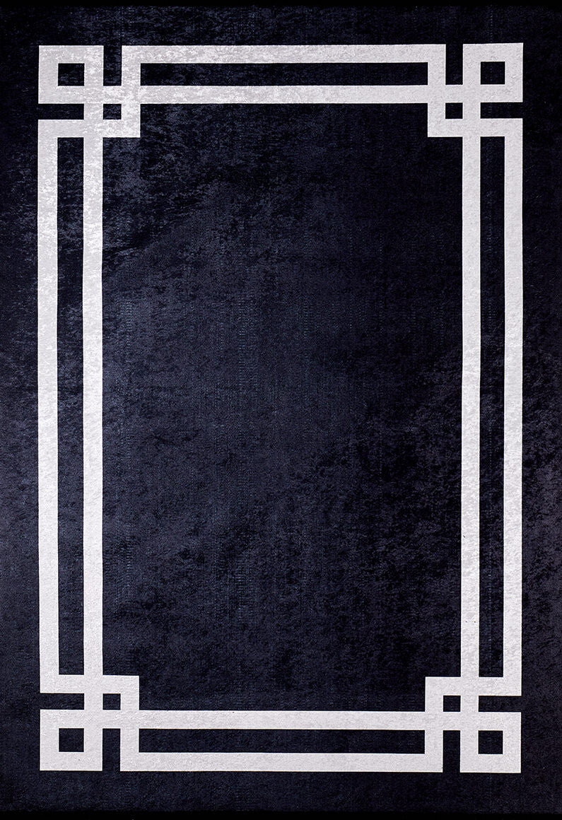 The Subtle Border - Washable Rug - JR597 (Custom Size) is a rectangular black rug with a light gray geometric double-line border and interlocking corners—modern, symmetrical, and ideal for high-traffic areas.