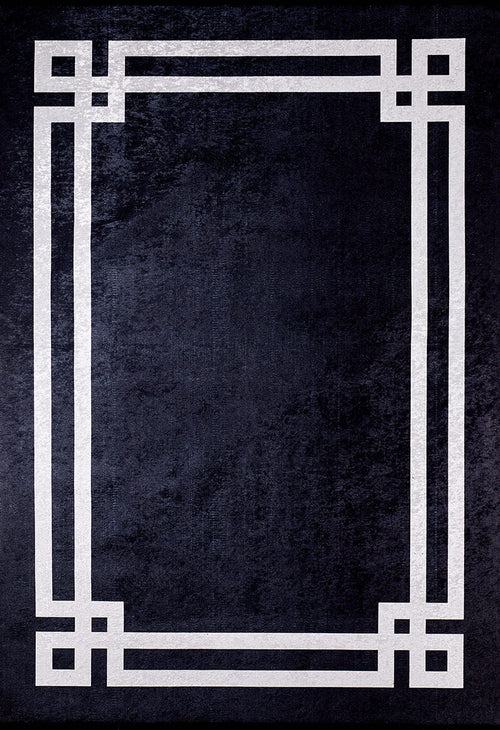 Bild 1 in Galerieansicht laden. The Subtle Border - Washable Rug - JR597 (Custom Size) is a rectangular black rug with a light gray geometric double-line border and interlocking corners—modern, symmetrical, and ideal for high-traffic areas.