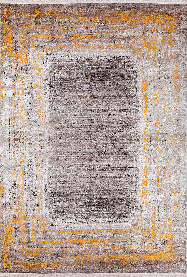 The Subtle Elegance - Washable Rug - JR1174 features a distressed modern design with layered uneven borders in gray, yellow, and bronze. Its weathered look and large faded gray center make it perfect for high-traffic areas.