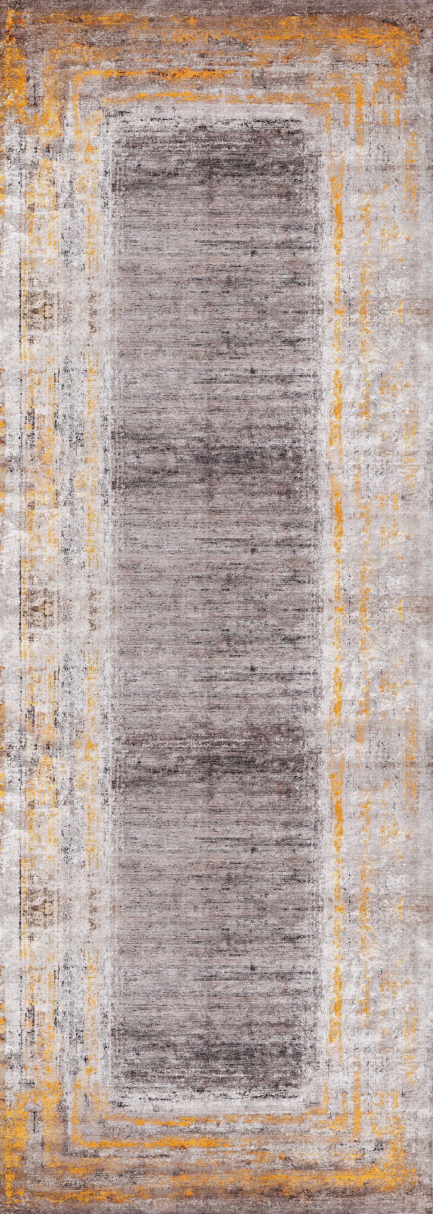 The Subtle Elegance - Washable Rug - JR1174 features a rectangular shape with a faded gray center and distressed gold and white border. Its abstract, vintage design is perfect for high-traffic areas, adding character to any busy space.