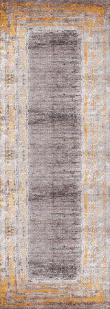 The Subtle Elegance - Washable Rug - JR1174 features a rectangular shape with a faded gray center and distressed gold and white border. Its abstract, vintage design is perfect for high-traffic areas, adding character to any busy space.
