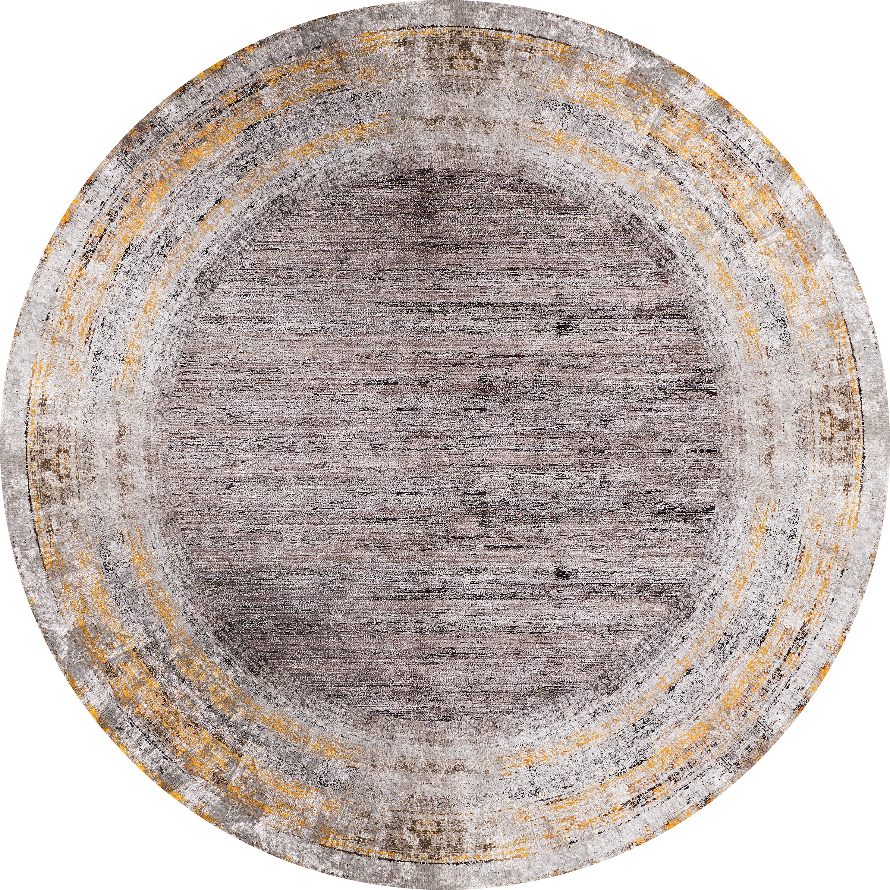 The Subtle Elegance - Washable Rug - JR1174 is a round rug with a distressed gray-brown center, faded yellow, beige, and gray borders, plus subtle corner patterns—perfect for high-traffic spaces.