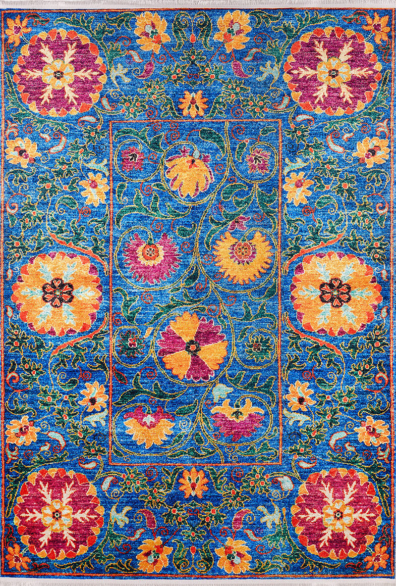 The Summer Bouquet - Washable Rug - JR1358 (Custom Size) is a vibrant, rectangular blue rug with ornate red, yellow, orange, and pink floral patterns, featuring a central panel and matching floral border—perfect for high-traffic areas.