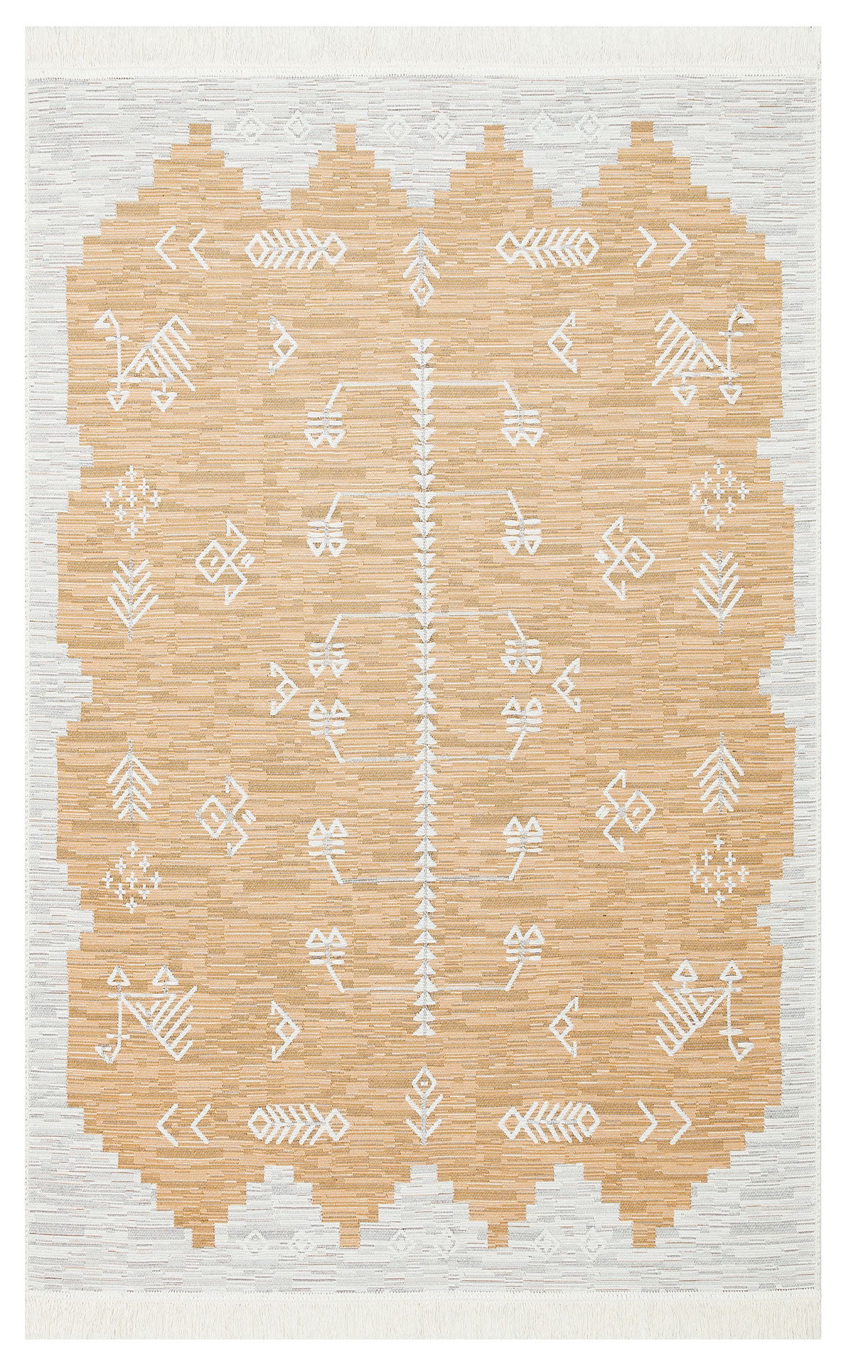 The Sunbeam Line AR23 is a rectangular, Reversible washable kilim in beige and white, featuring symmetrical geometric patterns of arrows, diamonds, abstract shapes, and fringed edges on the shorter sides.