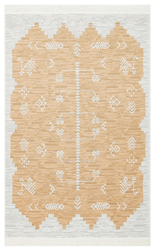Load image 1 in gallery view. The Sunbeam Line AR23 is a rectangular, Reversible washable kilim in beige and white, featuring symmetrical geometric patterns of arrows, diamonds, abstract shapes, and fringed edges on the shorter sides.