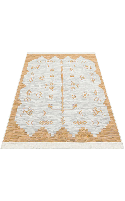 Load image 1 in gallery view. The Sunbeam Line AR23 is a rectangular, double-sided bohemian kilim rug in beige and white with symmetrical geometric patterns and fringe. Made from recycled cotton, it offers a modern, minimalist look and is washable for easy care.