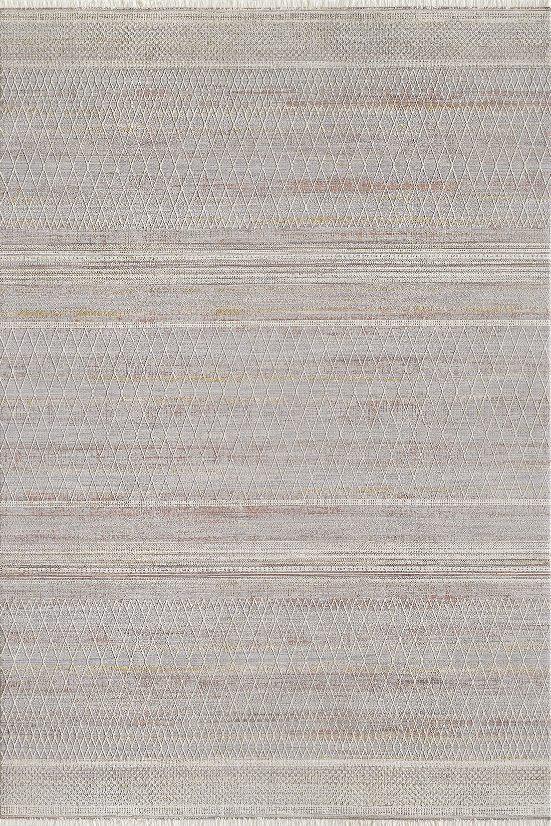 The Sunkissed Boho Trellis Rug - M627M is a modern rectangular area rug with a soft beige base, featuring finely woven horizontal rows of geometric diamond and line patterns in subtle gray and tan tones.