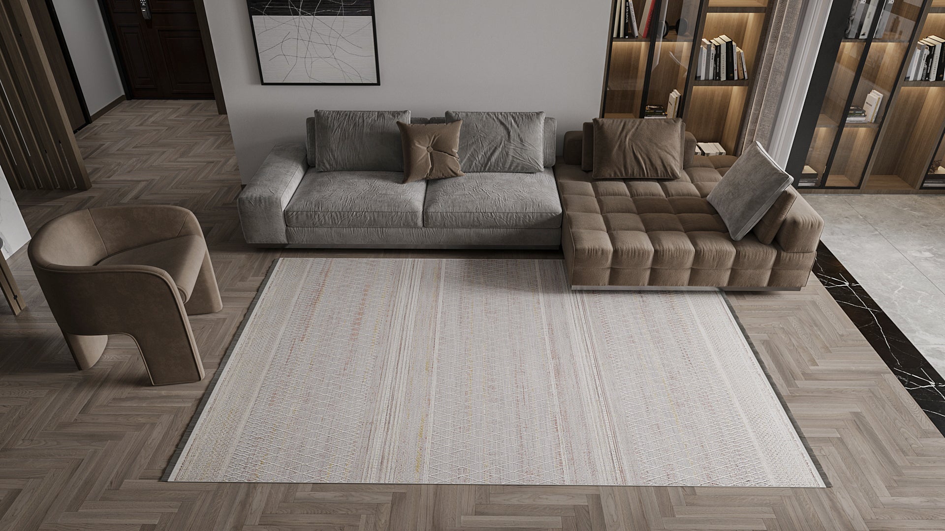 A modern living room with a gray sofa, brown tufted sectional, beige armchair, bookshelves, minimalist decor, black and white wall art, and the Sunkissed Boho Trellis Rug - M627M for a chic neutral touch.