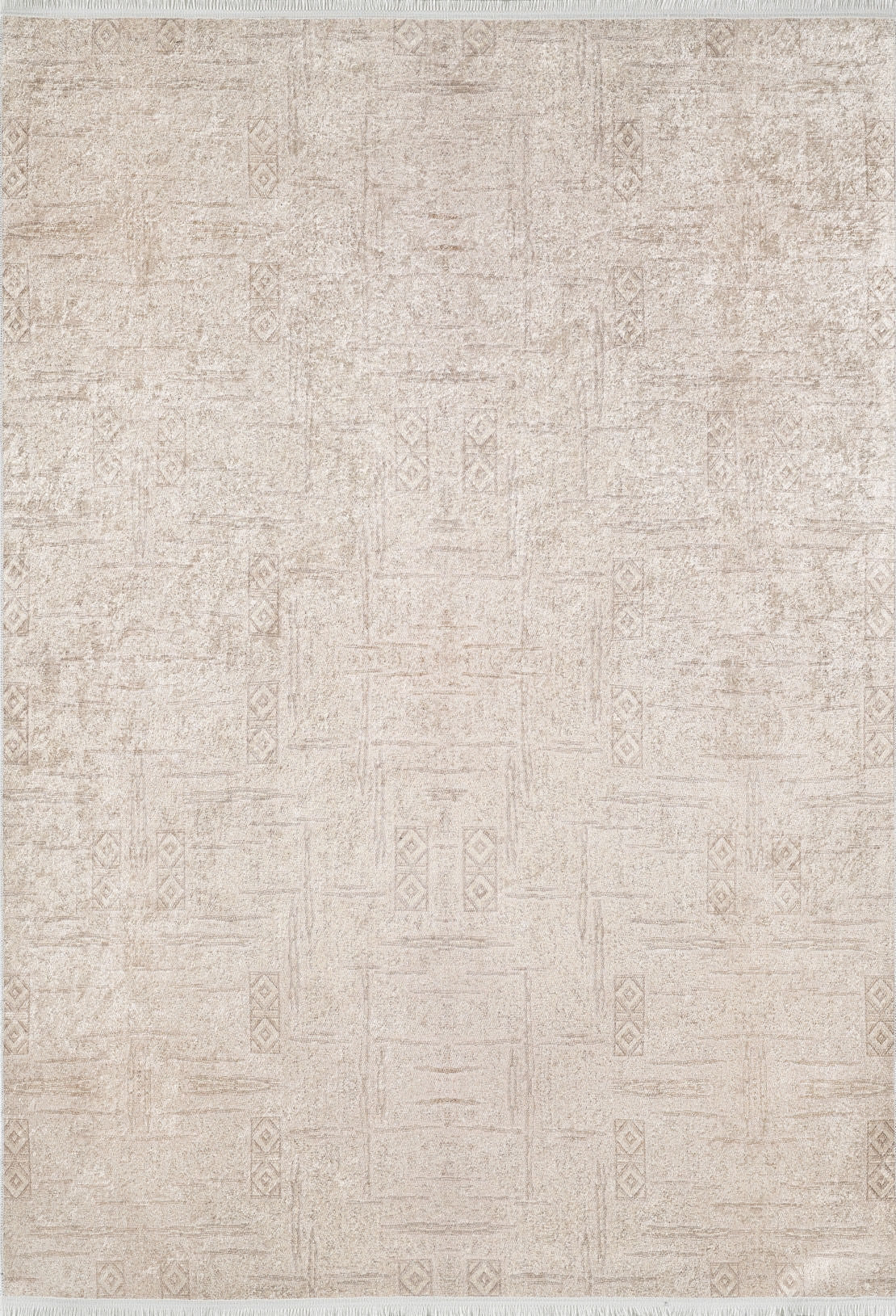 The Sunset Fade - Washable Rug - JR1878 features a light beige flat weave with subtle geometric and diamond patterns, a soft textured surface, and thin fringe on the short ends—ideal for stylish cream and beige décor.