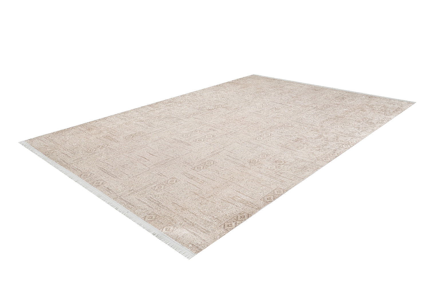 The Sunset Fade - Washable Rug - JR1878 (Custom Size) is a large, rectangular beige flat weave rug featuring a subtle geometric pattern and fringed edges, displayed on a white background.