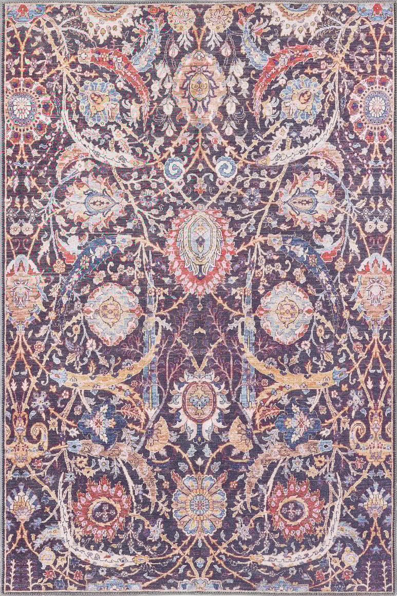 The Sylvanor Colorful Washable Rug - LCC3017 features Persian-inspired floral and vine motifs in red, gold, blue, and ivory on a purple background—perfect for high-traffic areas with its ornate design and detailed borders.
