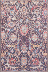 The Sylvanor Colorful Washable Rug - LCC3017 features Persian-inspired floral and vine motifs in red, gold, blue, and ivory on a purple background—perfect for high-traffic areas with its ornate design and detailed borders.