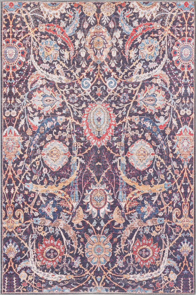 The Sylvanor Colorful Washable Rug - LCC3017 (Custom Size) features intricate floral, leaf, and swirl patterns in red, blue, gold, and ivory on dark purple—a vibrant multicolor rug ideal for high-traffic areas.