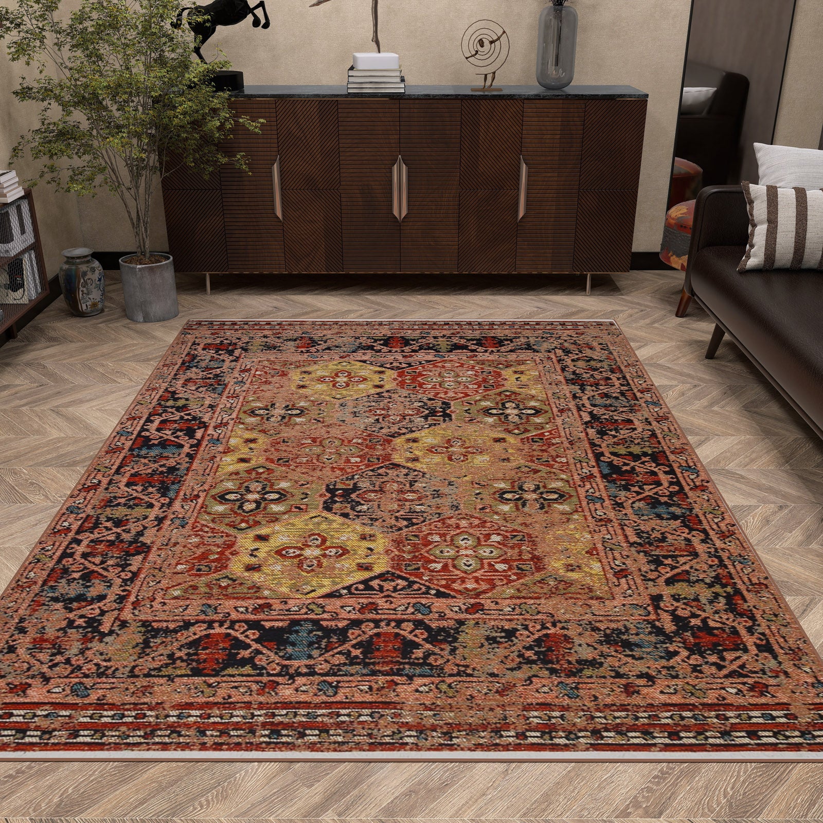 A living room featuring the Anatolian Weave - Washable Kilims - AND01 rug in multicolour on a light herringbone wood floor, paired with a dark brown sofa, wooden sideboard, books, decor, a potted plant, and neutral walls