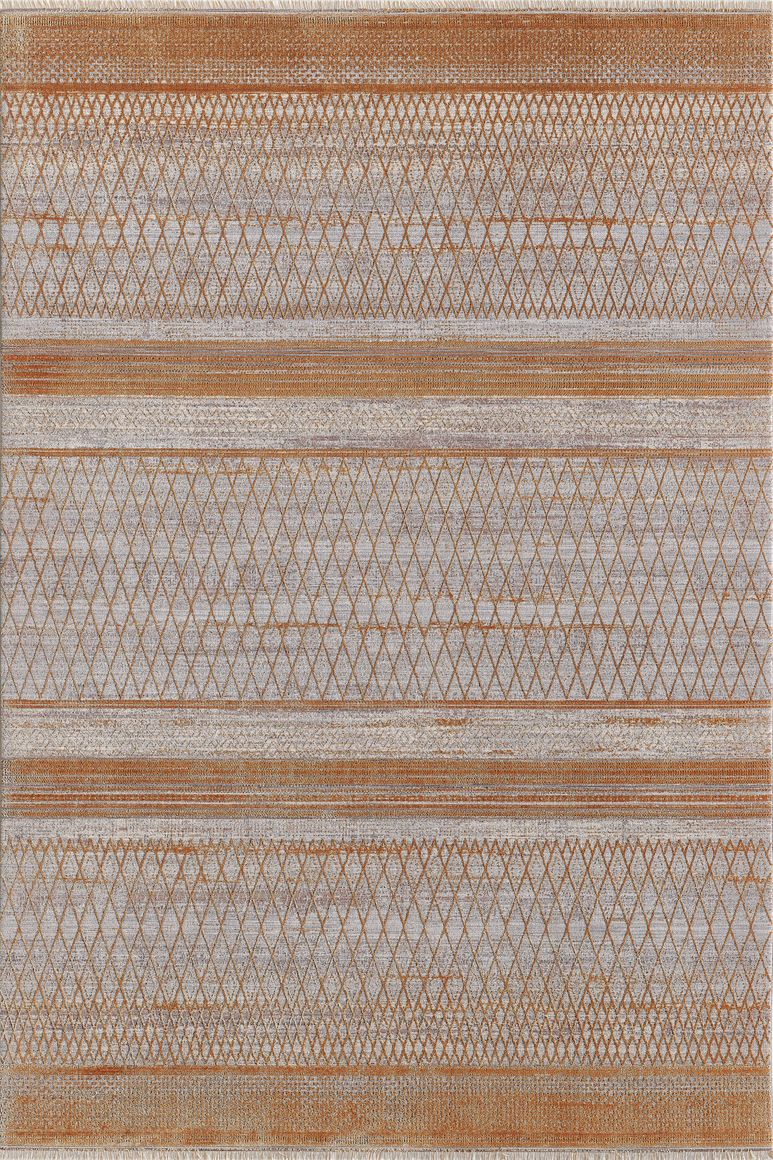 The Tangerine Dream Trellis Rug - HRD008 is a machine-made rectangular rug in tan and white with modern diamond patterns and stripes, crafted from durable viscose polyester for lasting style.