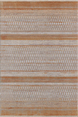 The Tangerine Dream Trellis Rug - HRD008 is a machine-made rectangular rug in tan and white with modern diamond patterns and stripes, crafted from durable viscose polyester for lasting style.