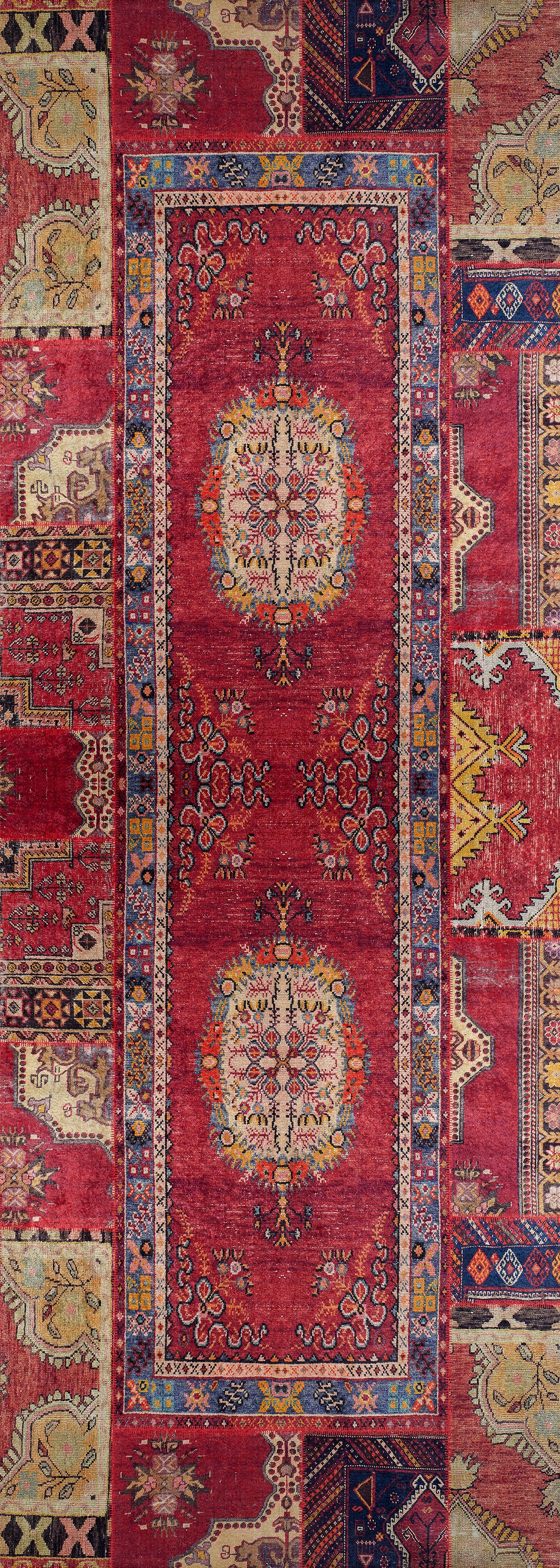 The Tapestry Tango - Washable Rug - JR313 is a rectangular, vintage-style red rug with a rich center, floral medallions, and ornate beige, blue & gold borders—washable for high-traffic areas and featuring symmetrical patterns and detailed designs.