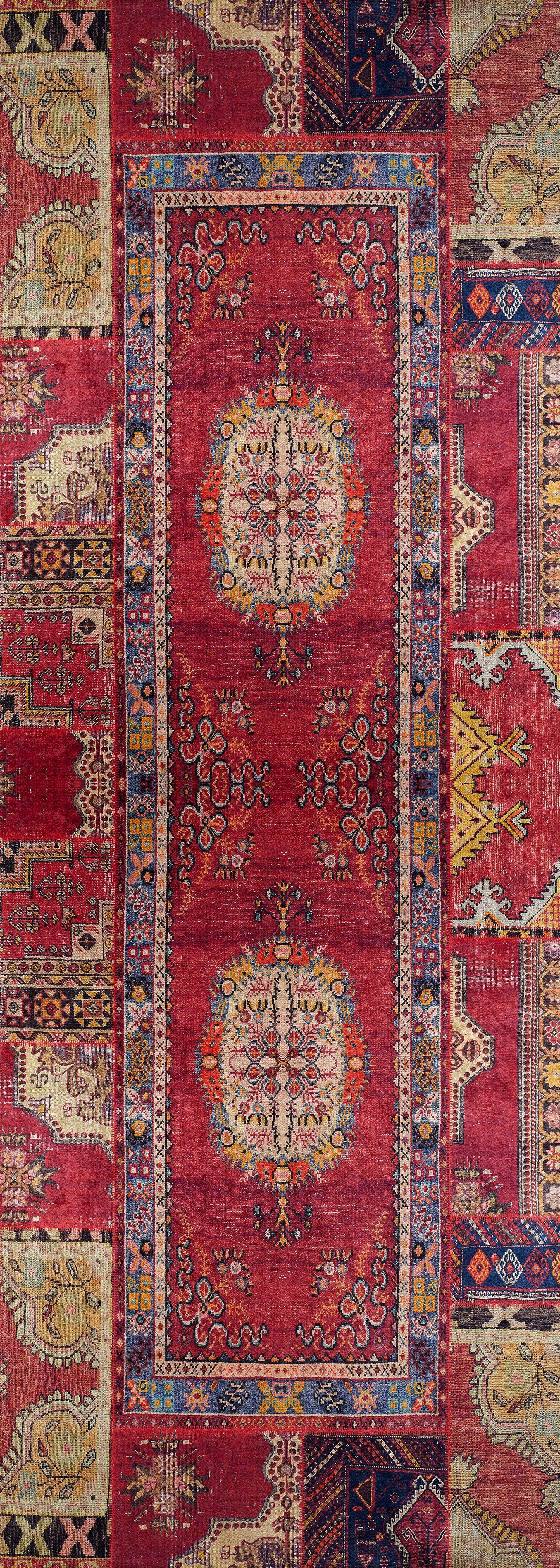 The Tapestry Tango - Washable Rug - JR313 is a rectangular, vintage-style red rug with a rich center, floral medallions, and ornate beige, blue & gold borders—washable for high-traffic areas and featuring symmetrical patterns and detailed designs.