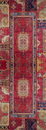 The Tapestry Tango - Washable Rug - JR313 is a rectangular, vintage-style red rug with a rich center, floral medallions, and ornate beige, blue & gold borders—washable for high-traffic areas and featuring symmetrical patterns and detailed designs.