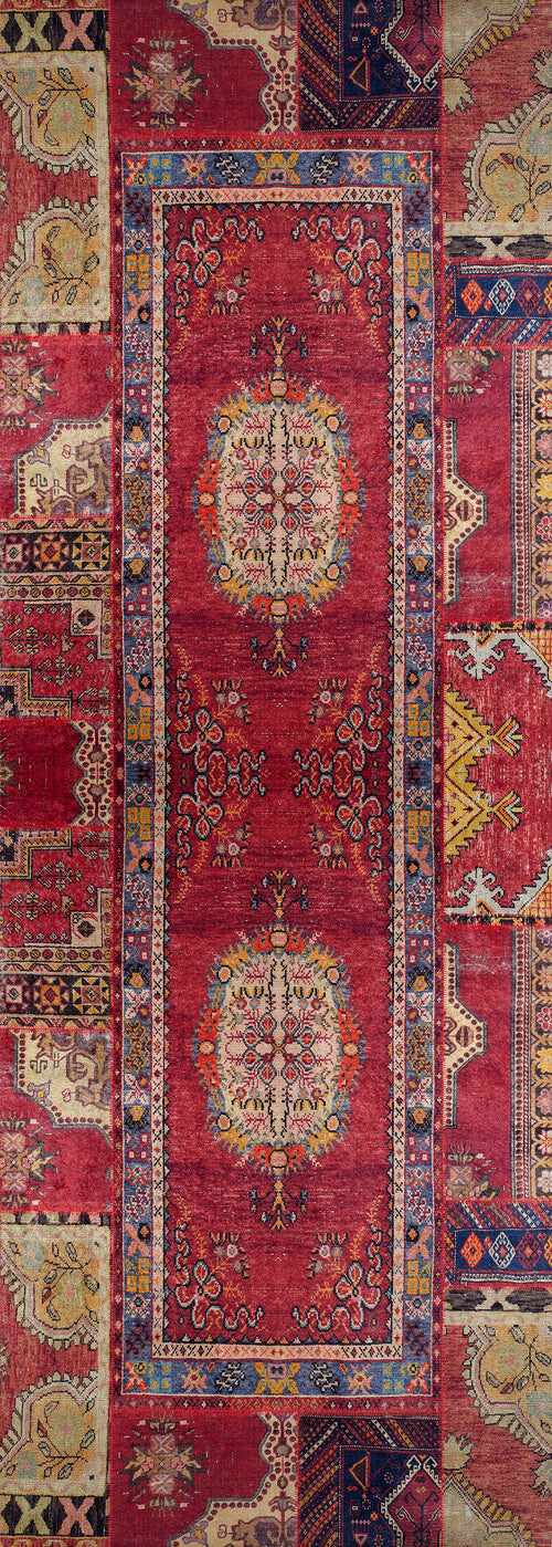 Load image 1 in gallery view. The Tapestry Tango - Washable Rug - JR313 is a rectangular, vintage-style red rug with a rich center, floral medallions, and ornate beige, blue & gold borders—washable for high-traffic areas and featuring symmetrical patterns and detailed designs.