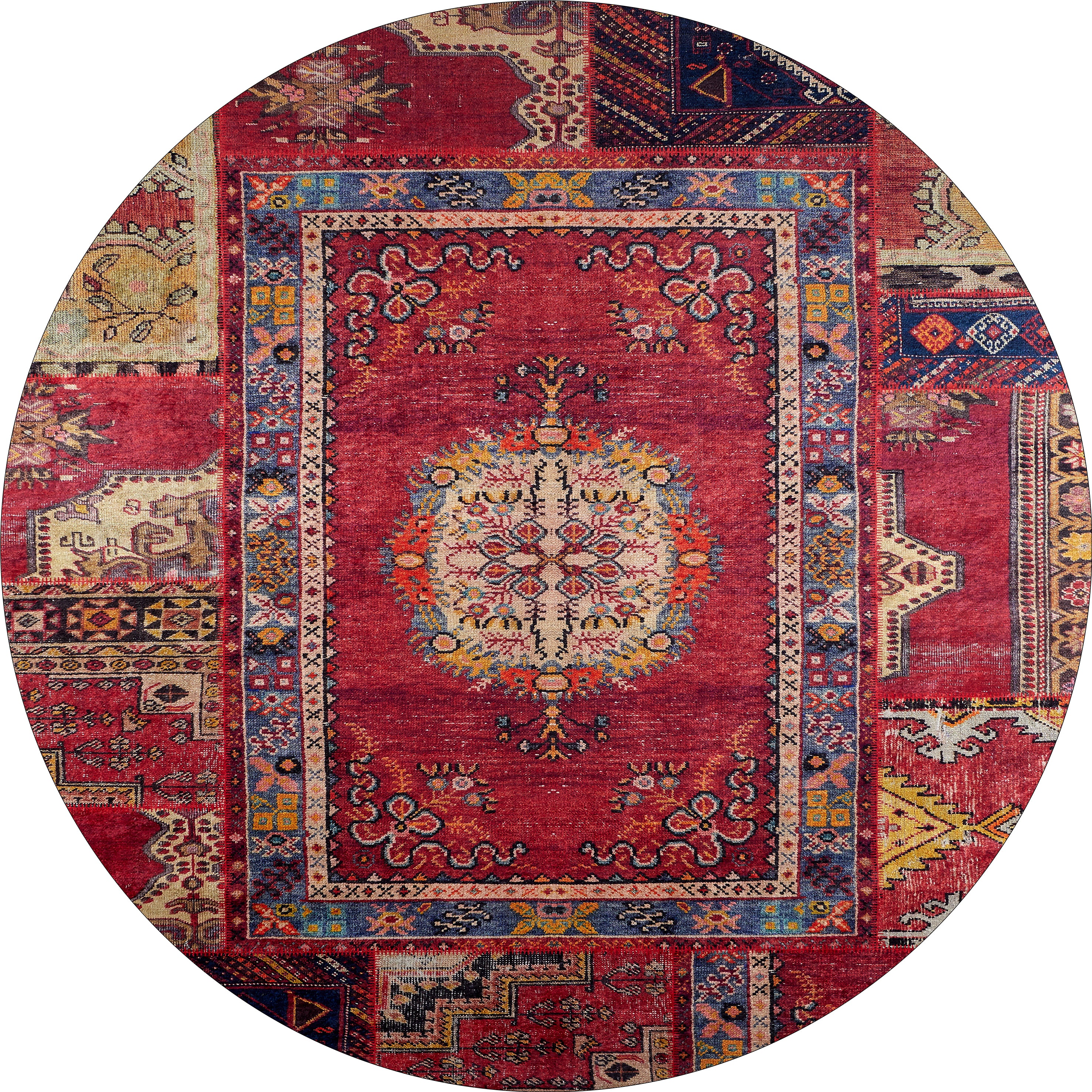 The Tapestry Tango - Washable Rug - JR313 features an oval shape with a Persian-style central medallion, red, yellow, blue, and cream floral and geometric patterns—durable and decorative for high-traffic areas.
