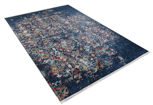 Load image 1 in gallery view. The Tarnished Elegance - Washable Rug - JR1095 features a distressed multicolored floral pattern with hints of red, yellow, and beige on a dark blue background—perfect for high-traffic areas and available in custom sizes.