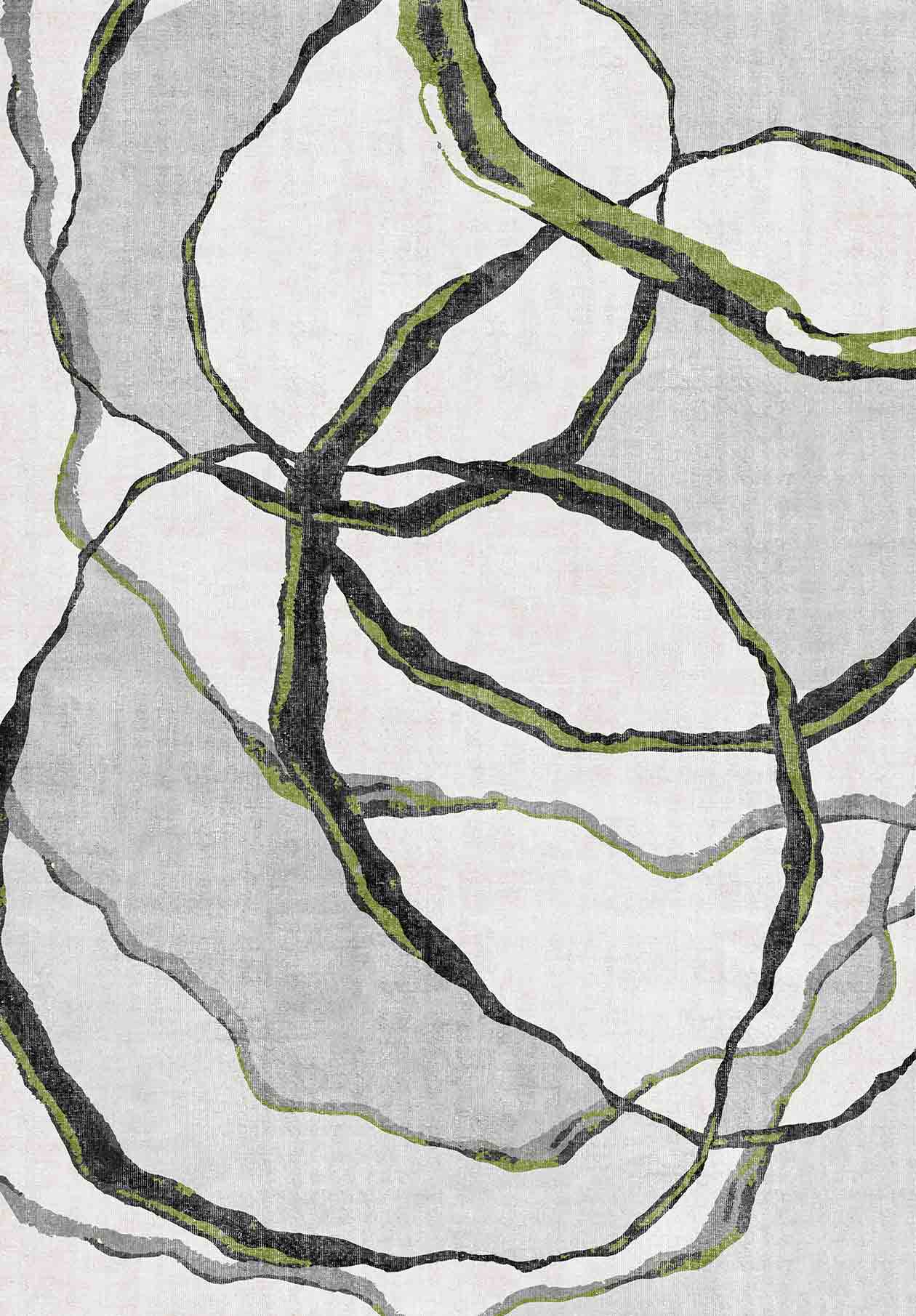 The Tattered Grace - Washable Rug - JRN49 features overlapping, irregular circular lines in black, gray, and green on a light gray background, creating a dynamic, modern design perfect for any space.