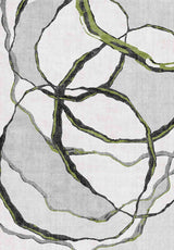 The Tattered Grace - Washable Rug - JRN49 features overlapping, irregular circular lines in black, gray, and green on a light gray background, creating a dynamic, modern design perfect for any space.