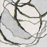 The Tattered Grace - Washable Rug - JRN49 features an abstract pattern of black and green lines on a light gray and white background, creating an organic, vine-like design—ideal for modern spaces or as a stylish flat weave rug.