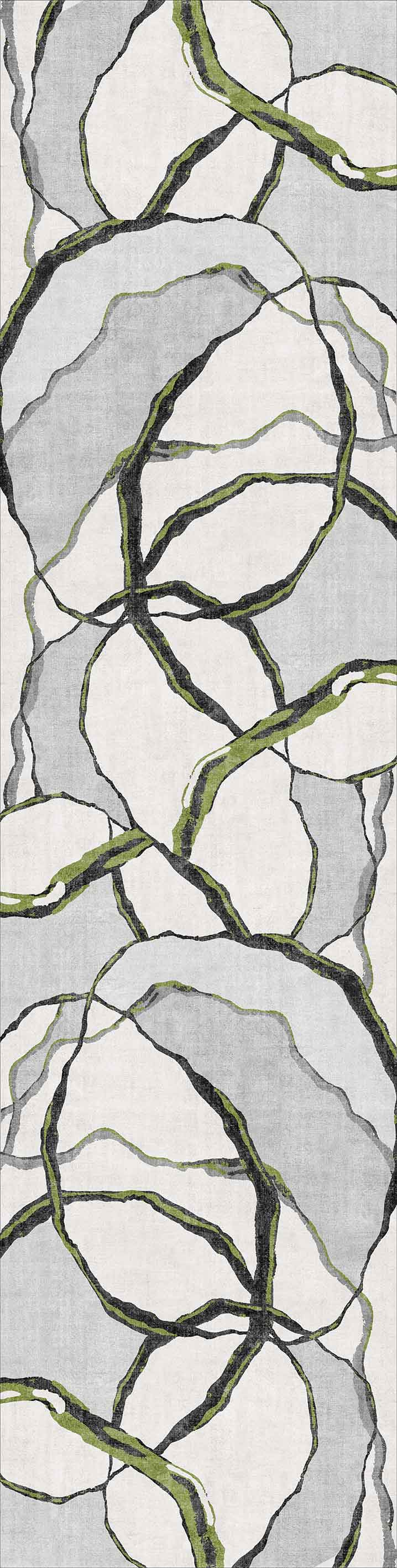 The Tattered Grace - Washable Rug - JRN49 features an abstract pattern of overlapping circles in black, gray, and green on light gray. Its modern design evokes organic lines or tree branches, adding natural appeal to any space.